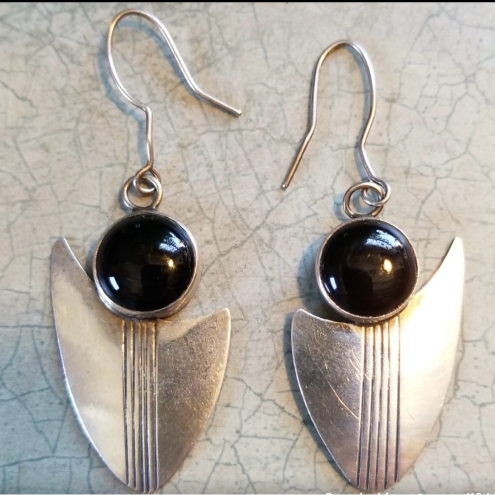 VTG.NATIVE AM 925 ONYX EARRINGS MYRON PANTEAN MARK